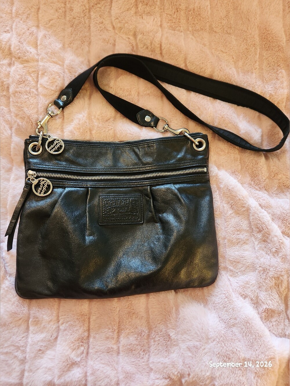 Coach Poppy Black Leather Crossbody with Silver-Tone Zipper Accents